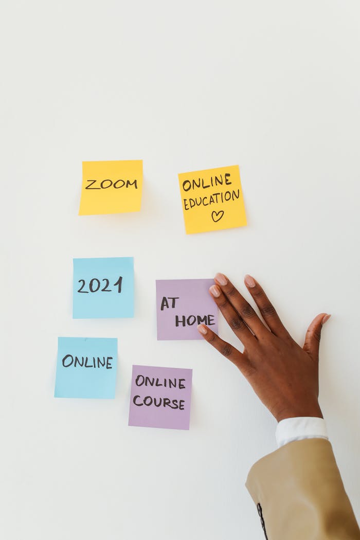 who-we-are Sticky notes about online education and a hand on a white wall, symbolizing remote learning.